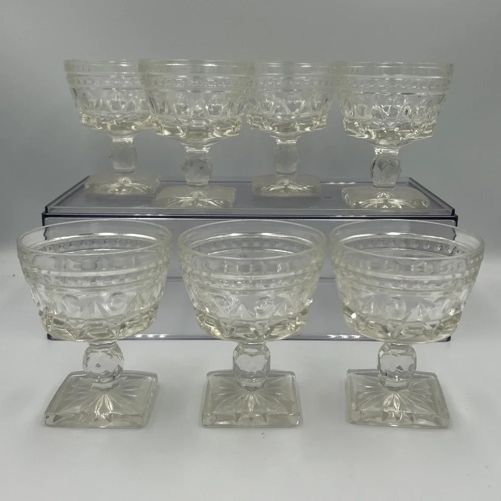 Vtg Indiana Glass Colony Park Lane Clear Footed Dessert Sherbet Cups Set/ 7 MCM